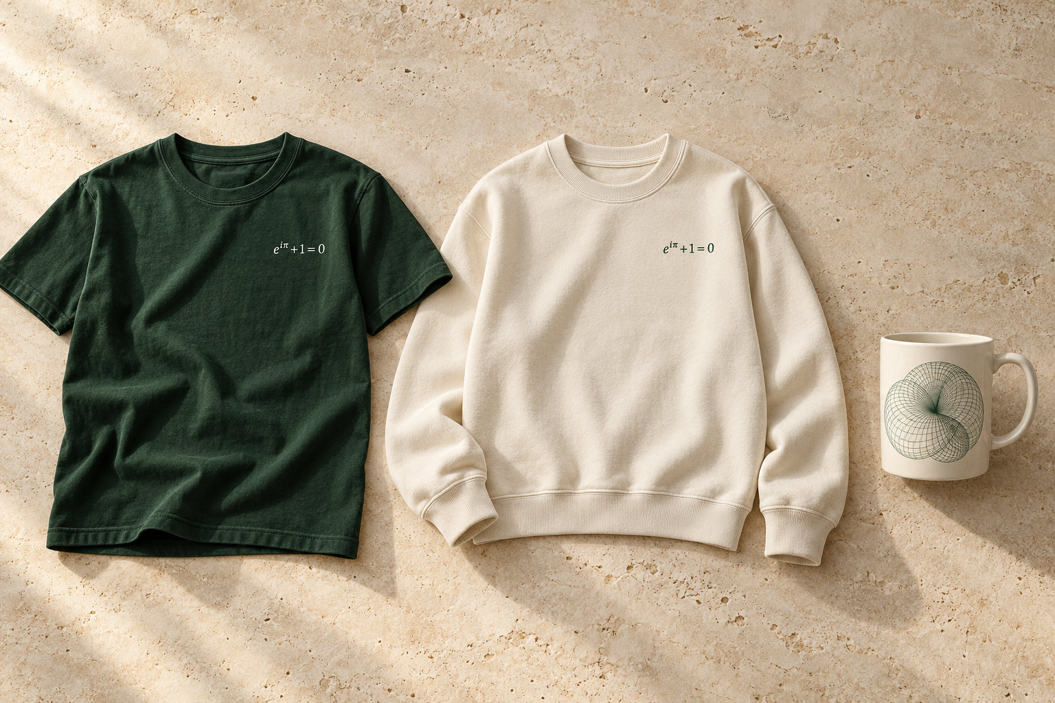 Propuesta de camiseta verde, sudadera cruda con la identidad de Euler y taza con una superficie geométrica
