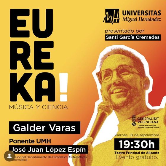 Cartel del ciclo EUREKA! Música y ciencia de la Universidad Miguel Hernández, presentado por Santi García Cremades