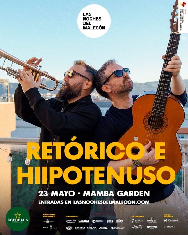 Cartel de Retórico e Hipotenuso en Las Noches del Malecón, con trompeta y guitarra
