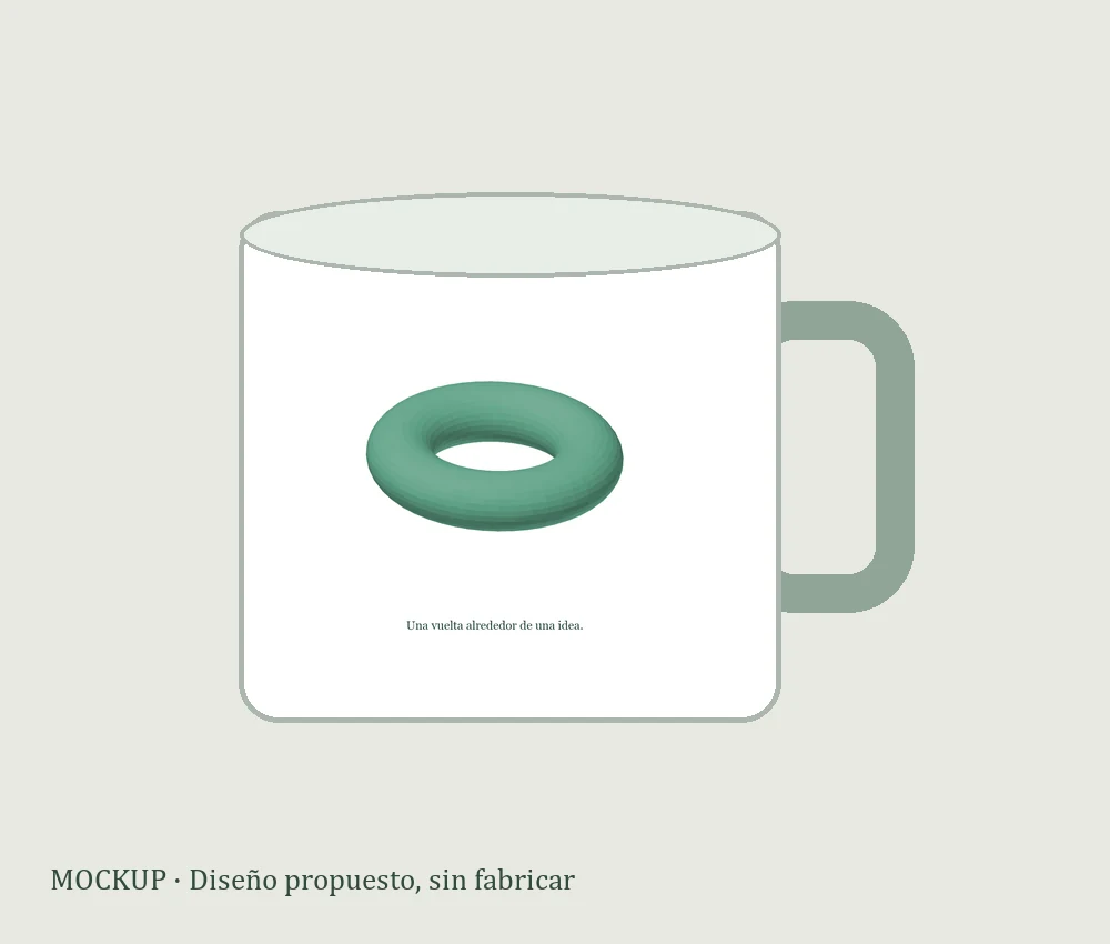Mockup esquemático de taza blanca con un toro geométrico verde